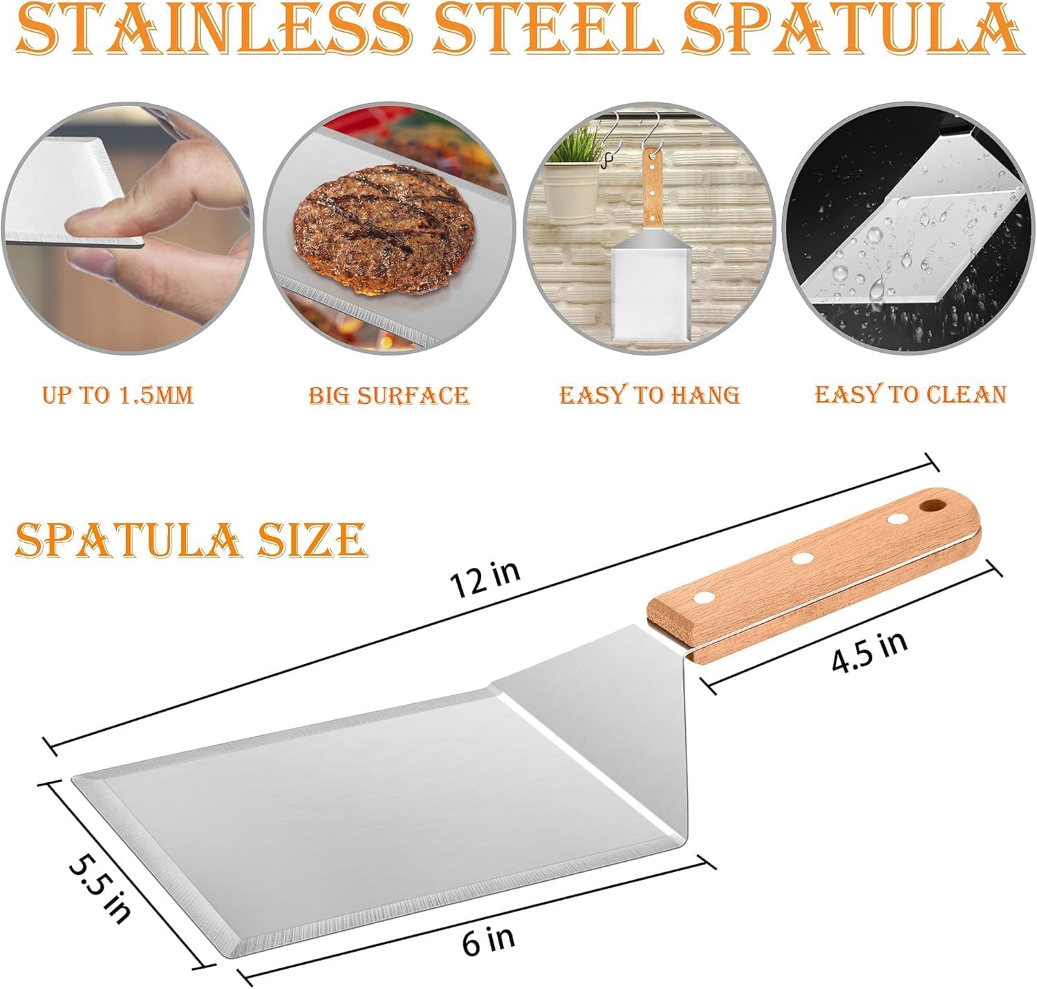 Wooden Metal Spatulas 2Pcs, E-far Professional Large Griddle Spatula Tools Set - Image 2